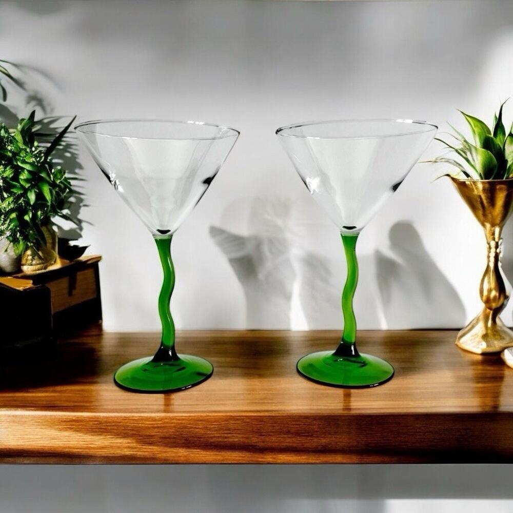 Libbey Courbe Martini Glasses Wavy Green Stems Crooked Zig Zag Barware